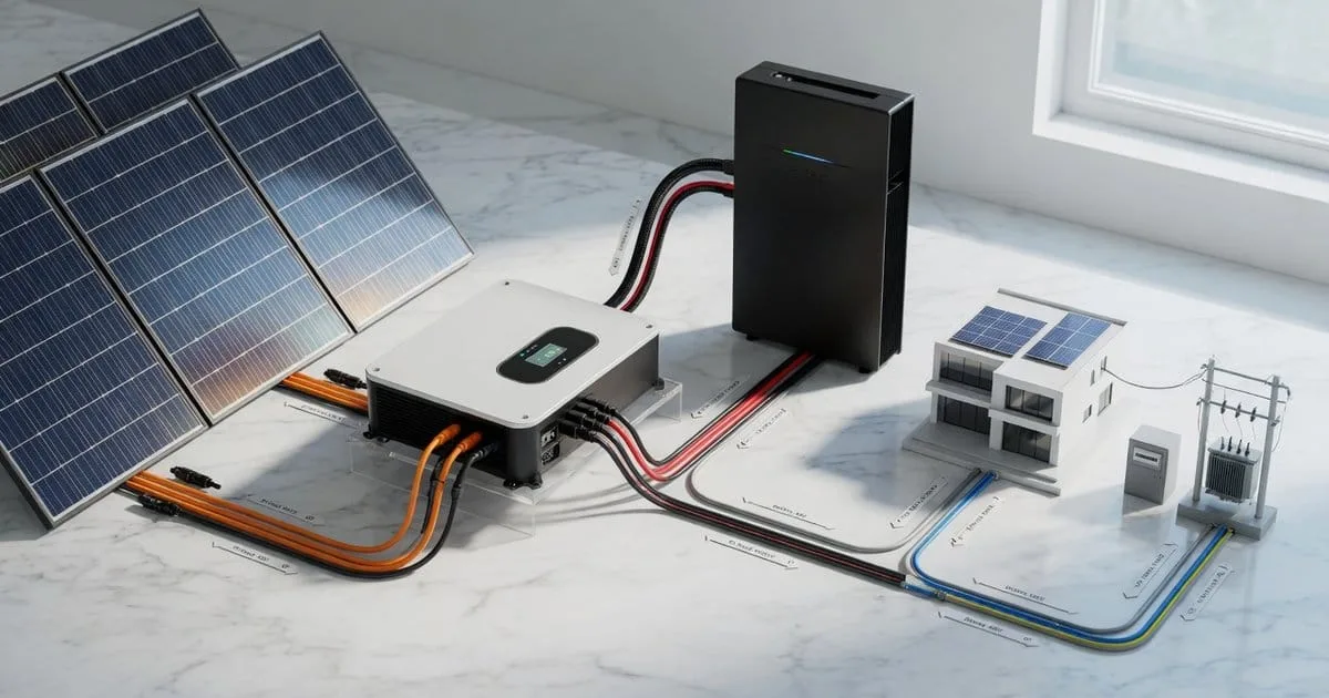 Schema tecnico del flusso energetico tra pannelli solari, batteria e rete elettrica