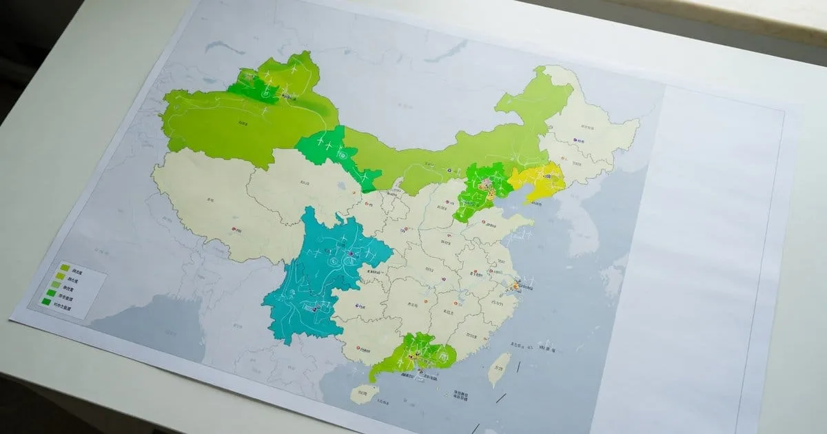 Mappa della Cina con le principali regioni di produzione di idrogeno verde e impianti solari ed eolici