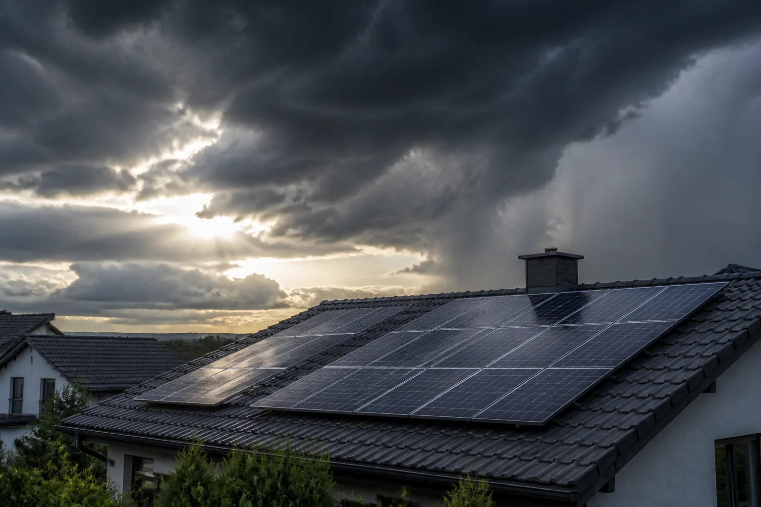 Impianto fotovoltaico su tetto residenziale sotto un cielo temporalesco