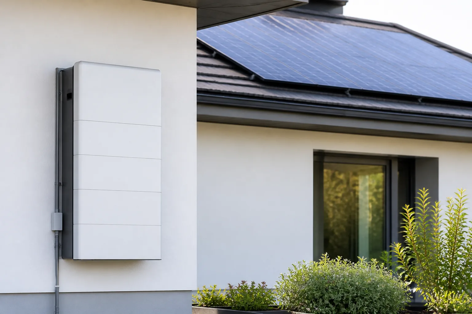 Sistema di accumulo a batteria installato all'esterno di un'abitazione vicino ai pannelli fotovoltaici
