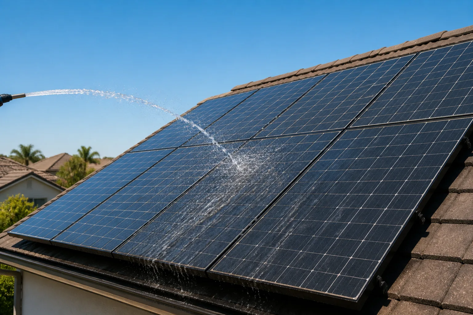 Pannelli fotovoltaici su un tetto residenziale durante il risciacquo con acqua in una giornata di sole