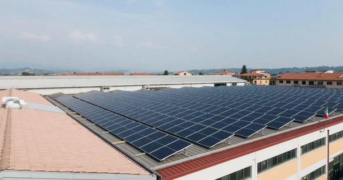 Impianto fotovoltaico in Italia con pannelli solari su tetto di capannone industriale