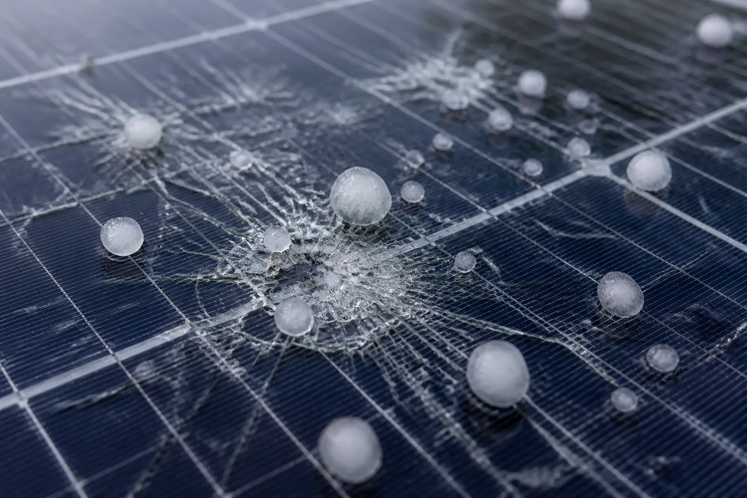 Pannello fotovoltaico con vetro danneggiato dopo una grandinata