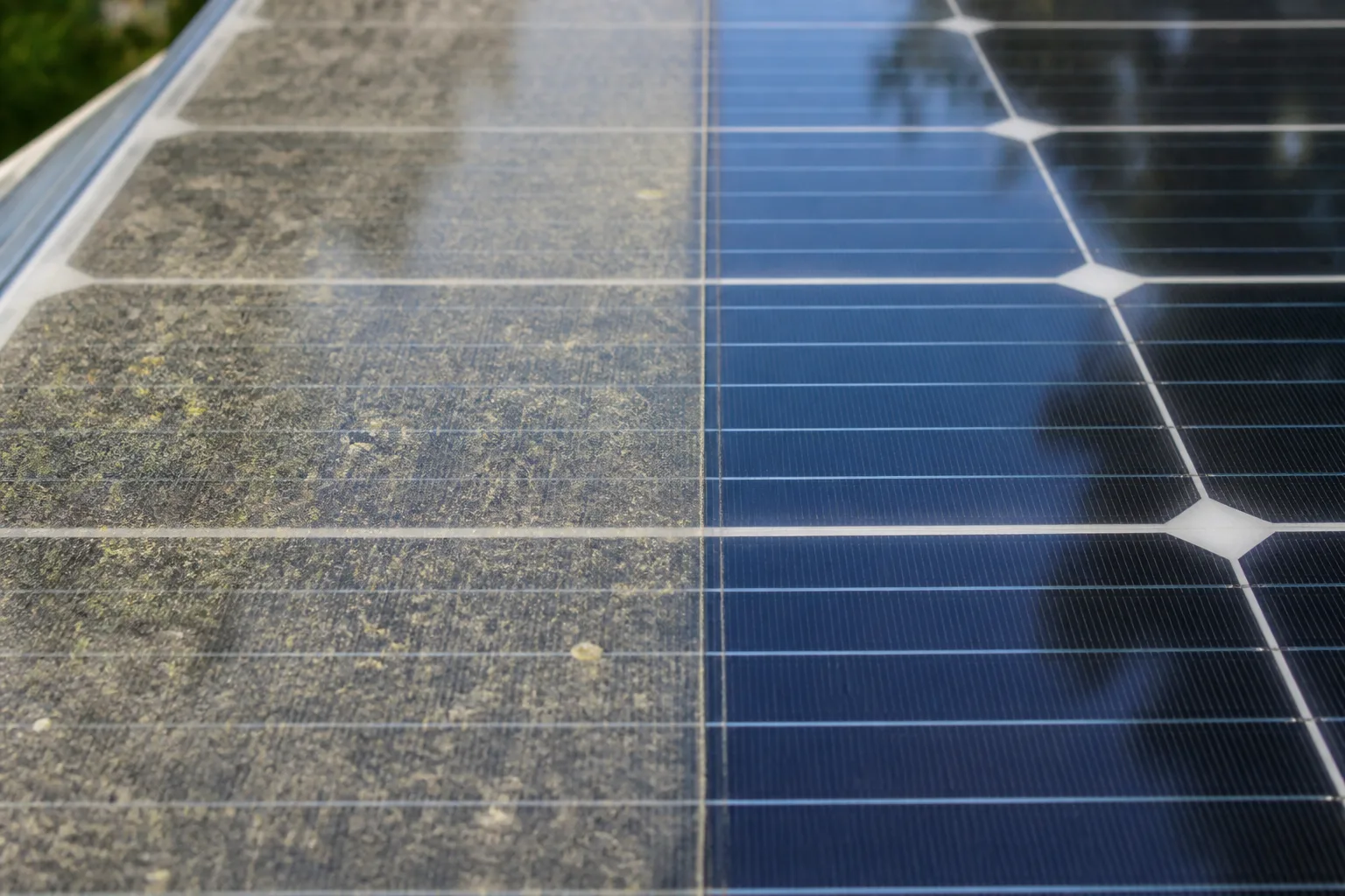 Confronto ravvicinato tra una porzione di pannello fotovoltaico sporco di polvere e una pulita