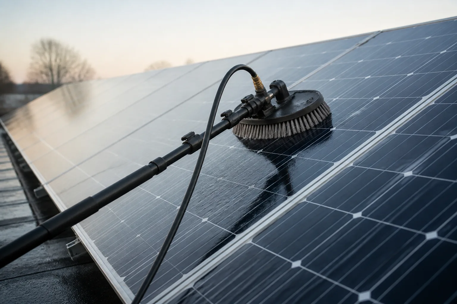 Attrezzatura professionale con asta telescopica e spazzola per la pulizia dei pannelli fotovoltaici su un tetto inclinato
